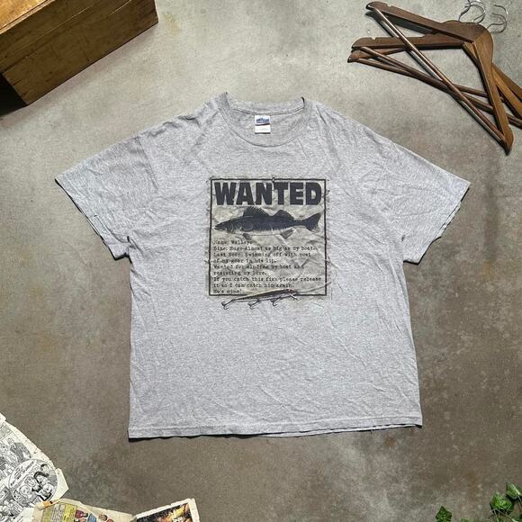 Vintage Y2K "Wanted Walleye" Fishing Funny Text Tee Mens XL Grey Joke Fish Shirt - Picture 1 of 4